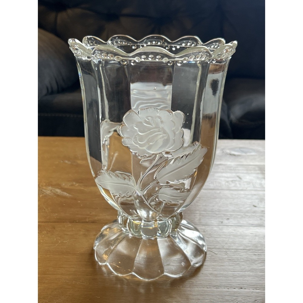 Vintage Clear Pressed Glass Floral Rose Pedestal Large Vase Scalloped Rim MCM